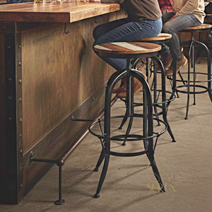 Modern Vintage Style High Adjustable Industrial <b>Wooden</b> & Iron <b>Stool</b> Unique <b>Bar</b> Pub Metal Chair for Kitchen Hotel & Outdoor Use - Product Image 1