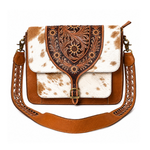 Sac bandoulière artisanal en cuir de vachette à poils, style western, motif floral, avec sangle réglable, pour usage quotidien - Product Image 1
