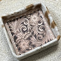Nouveau plateau en cuir de vachette véritable, décoré de fleurs, fait à la main, style western rustique, organisateur de rangement pour la décoration de la maison et du bureau