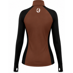 Women Chocolate Brown Black Quarter Zip Long Sleeve Athletic Training <b>Top</b> <b>Thumbhole</b> Slim Fit Running Gym Workout Sportswear - Product Image 2