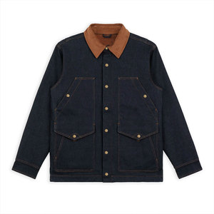 Veste en jean bleu foncé pour homme avec col marron, fermeture à boutons, poches poitrine, style workwear, coupe classique, pour l'automne - Product Image 1