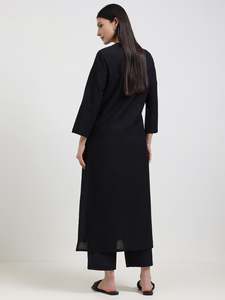Robe maxi rayée à col polo, manches trois quarts, coupe ample, en coton et fibre de bambou, décontractée, pour tous les jours, respirante, tissu tissé - Product Image 1