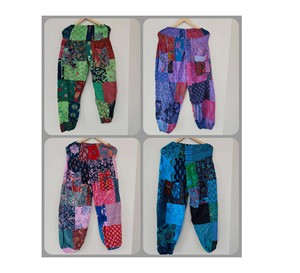 Pantalon Harem d'été en coton patchwork pour femme avec taille haute, cordon de serrage, poches et motif Tie-Dye - Product Image 1