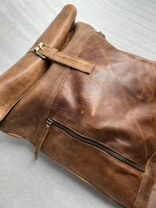 Genuine Leather <b>Roll</b> Top <b>Backpack</b> Minimalist Urban Laptop Bag Cowhide Travel Rucksack for Men Factory OEM LTBP-0055 - Product Image 3