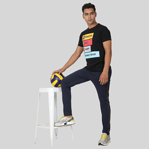 Pantalon de survêtement sport bleu quatre directions avec bande latérale, logo personnalisable, impression HD, délavage coloré, 100 % polyester, séchage rapide, tailles homme M/L/XL - Product Image 6