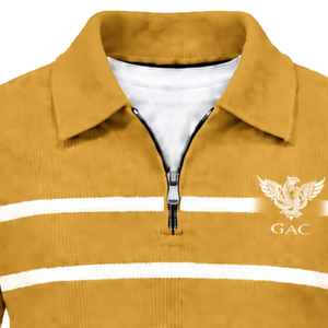 Men's Mustard Striped Quarter Zip <b>Pullover</b> <b>Sweater</b> With Embroidery Logo Front Long Sleeve Knitted Autumn Wear - Product Image 5