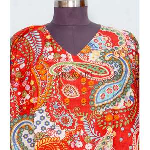 Caftán corto rojo coreano hecho a mano, 100% algodón, vestido playero con estampado floral y decoración con cordón, caftán de moda. - Product Image 3