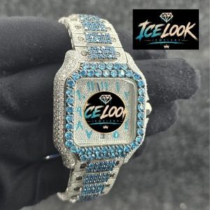 ICELOOK นาฬิกาฮิปฮอปสุดหรูสแตนเลสสตีลทรงสี่เหลี่ยมผืนผ้าหน้าปัดคริสตัลสีน้ำเงินเพชรอนาล็อกควอตซ์ยูนิเซ็กส์ 40 มม. - Product Image 4