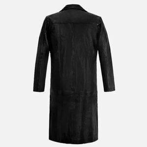 Men's <b>Black</b> Genuine Leather Long Trench Coat Notched Lapel Single Breasted Regular Sleeve - Product Image 2