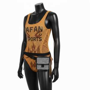 Traje de baño de una pieza para mujer, tela suave de poliéster y spandex GSM, color bronceado, logotipo con cristales termoadhesivos, diseño personalizado. - Product Image 4