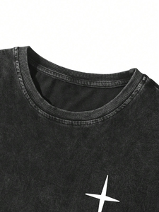 Men's Casual Acid <b>Wash</b> Vintage T-Shirts High Street Cotton Drop Shoulder with Custom O-neck Print Short Sleeves - Product Image 2