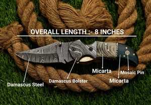 Cuchillo de bolsillo de acero de Damasco hecho a mano de 8 pulgadas - Cuchillo plegable con bolster de Damasco y mango de madera de filo recto, exquisito - Product Image 5