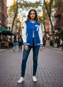 Chaqueta Varsity Azul para Hombre Directwise con Bordado del Número 7 y Parche de Rosa, Estilo Preppy para Otoño - Product Image 5