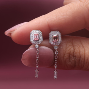 IGI Certified Lab Grown Diamond Pink Emerald Cut Halo Chain Drop <b>Earrings</b> in Solid 925 Sterling <b>Silver</b> Dangle <b>Earring</b> - Product Image 3