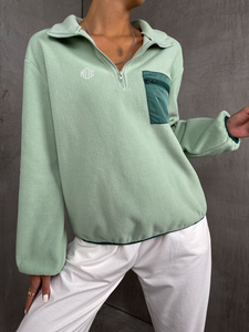 Women's Quarter Zip Polar Fleece Sweatshirt Stand Collar Oversized Chest Pocket Contrast Trim Streetwear Hoodies Custom Logo - Product Image 4