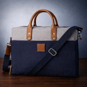 Sacoche Classique pour Ordinateur Portable en Toile Gris Marine Bicolore, Sac de Bureau Professionnel Durable avec Poignées en Cuir et Bandoulière - Product Image 5