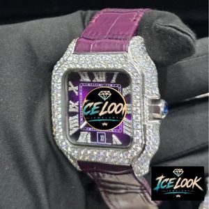 ICE LOOK Luxury Square Quartz Watch With Diamond Bezel Purple Leather Band Date Display Stainless Steel Case 38mm Unisex - Product Image 2