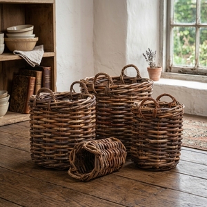 new modern minimalist wholesale set of four natural rattan woven <b>storage</b> <b>baskets</b> rustic round <b>wicker</b> organizer bins with handles - Product Image 3
