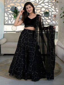 Black <b>Sequin</b> Geometric Pattern V-neck Sleeveless Lehenga Choli Set Modern Embroidered Women Outfit Wedding Party Dress - Product Image 5