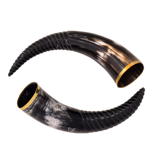 Corne de buffle Viking authentique avec bordure et pointe en laiton, 2 pièces, corne Viking noire naturelle, qualité supérieure - Product Image 1