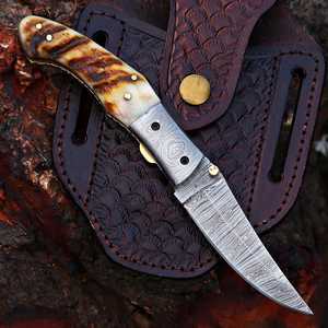Couteau de poche pliant artisanal en acier Damas avec manche en os teinté, qualité industrielle, verrouillage Liner Lock, pour la chasse, l'extérieur et l'EDC, fabrication usine - Product Image 2