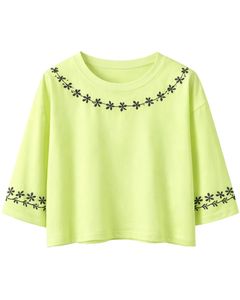 Camiseta Corta Verde Lima para Mujer, Estampado Floral, Manga Corta, Informal, Mezcla de Algodón Suave, Top de Verano para Mujer, Venta al Por Mayor - Product Image 1