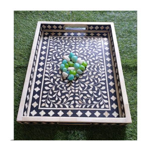 Ensemble de plateaux de service en bois décoratifs faits à la main avec incrustations de fleurs émeraude doubles pour la décoration de la maison et de la table de luxe - Product Image 6