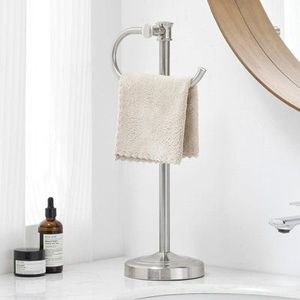 Porte-serviettes double en métal blanc minimaliste, support autoportant, organisateur de salle de bain, gain de place, structure moderne et durable - Product Image 3