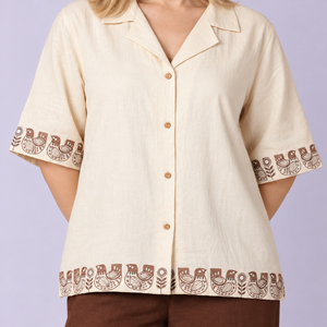 Camisa holgada con botones y mangas tipo kimono para mujer, blusa informal con estampado de pájaros color crema, top de verano - Product Image 6