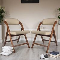 Chaise pliante en cuir PU de style mid-century moderne avec structure en bois massif, revêtement beige, mobilier de salon, design stable