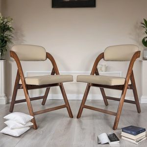 Midcentury Modern PU Leather <b>Folding</b> Chair With Solid Wood Frame Beige Upholstery Living Room Furniture Stable Design - Product Image 1