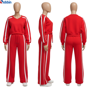 Conjunto Deportivo de Alta Calidad para Mujer, con Rayas Rojas, Sudadera de Manga Larga con Cuello Redondo y Cuello en V, Pantalones Deportivos Anchos, Conjunto Casual de 2 Piezas - Product Image 5
