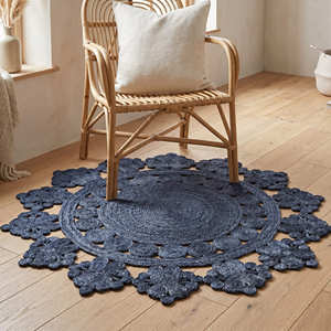 Braided <b>Round</b> Jute Rug with Navy Concentric Rings for Living Room, Entryway & Coastal Interiors - Product Image 1