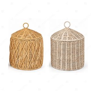 Cesta de Almacenamiento de Mimbre Cilíndrica con Tapa Cónica Estilo Boho, Cesto de Ropa de Mimbre, Organizador de Almacenamiento con Tejido de Diamantes para el Hogar - Product Image 2