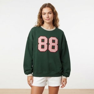Premium Quality Women's Oversized Green <b>Sweatshirt</b> With Red Striped 88 Print Crew Neck <b>Long</b> Sleeve Autumn Casual Wear - Product Image 1