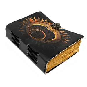 Diario Rústico Hecho a Mano de Cuero Genuino con Grabado de Sol y Luna, Papel Vintage con Borde Desflecado, Libro de Hechizos en Blanco para Escribir - Product Image 3