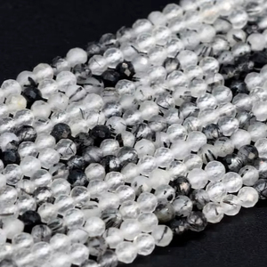 ลูกปัดควอตซ์รูทิเลเต็ดสีดำ หินธรรมชาติแท้ ร้อยเป็นเส้น ลูกปัดทรงกลมเหลี่ยมเพชรพลอย ขายส่งจำนวนมาก - Product Image 1
