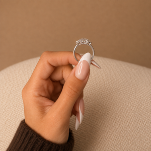 4 TCW Oval Cut Three <b>Stone</b> Lab Grown Diamond Engagement <b>Ring</b> Side Half <b>Moons</b> 14k White Gold IGI Certified VVS2 Clarity E Color - Product Image 5