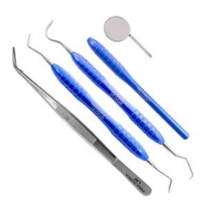 Juego de 4 instrumentos de cirugía oral de acero inoxidable alemán para examen dental, que incluye espejo dental y raspadores, con certificación CE. - Product Image 1
