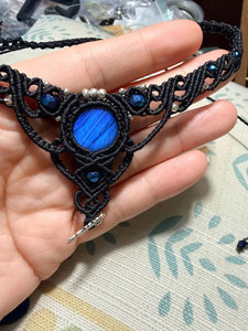 Handmade Macrame Blue Stone Choker <b>Necklace</b> Black Cord Boho <b>Statement</b> Pendant Feather Charm Adjustable Jewelry - Product Image 5