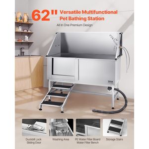 Stazione di lavaggio per cani in acciaio inossidabile da 62 pollici con scale, pannello filtro acqua in PE, rubinetto, soffione doccia, sapone e vasca per toelettatura animali da 62 pollici - Product Image 2