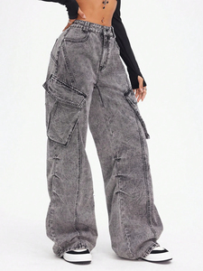 Jean cargo ample en denim délavé foncé pour femme, style vintage déchiré, jambe large, coupe baggy, taille avec logo, tissage tricoté, décontracté, en coton - Product Image 4