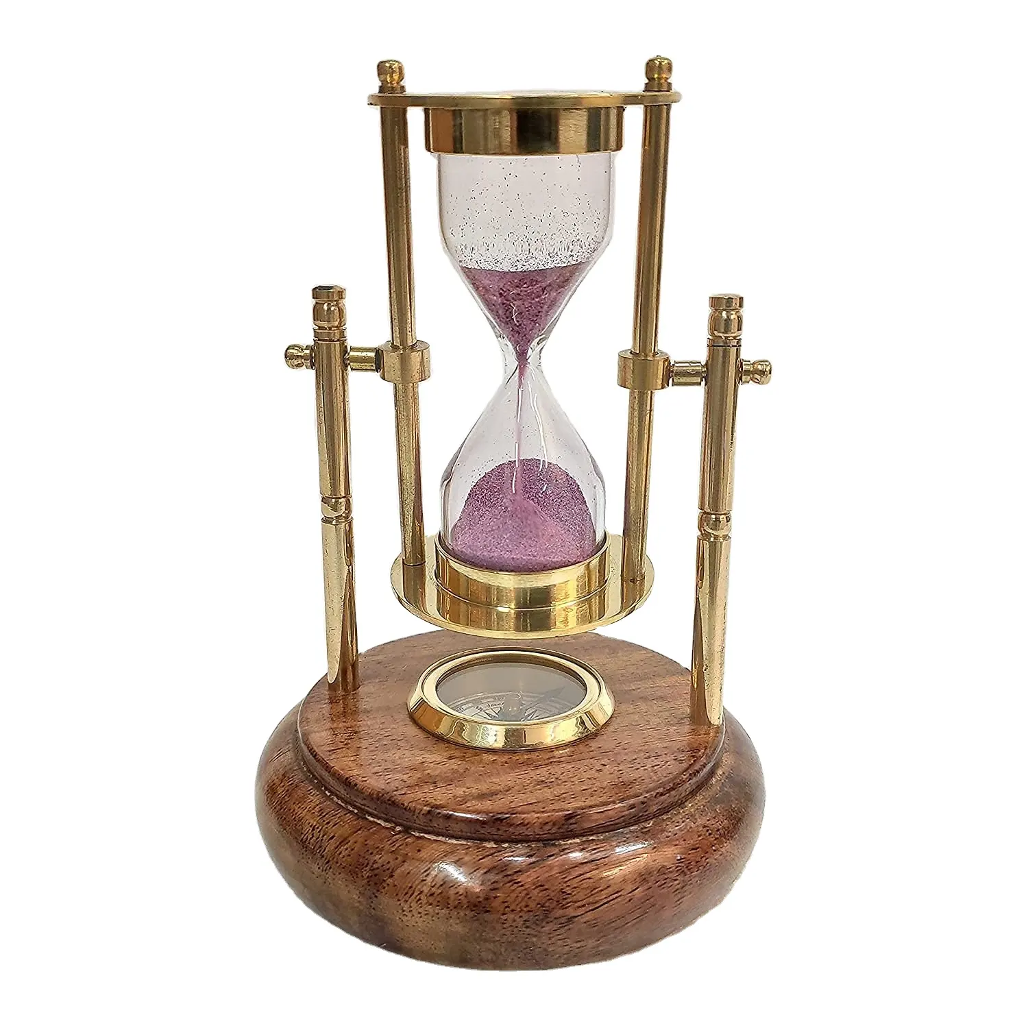 Minuterie de sable en laiton Antique avec boussole sur Base en bois horloge sablier 1 Min minuterie thème nautique décor hauteur 5 pouces