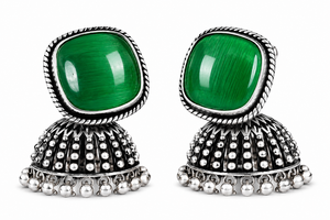 Vintage <b>Oxidized</b> Silver Jhumka Earrings Cat Eye Stone Statement Earrings Green Blue Ethnic Jewelry - Product Image 5