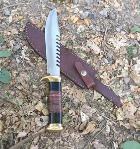 Cuchillo de caza Bowie de acero de Damasco hecho a mano Viking Art FH-104, hoja recta, mango de latón y madera, grado industrial, 15 pulgadas, OEM - Product Image 1