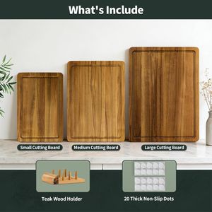 Set di 3 Taglieri in Legno di Teak Massiccio per Cucina con Scanalatura Profonda per Succhi e Supporto per Tagliere - Product Image 2