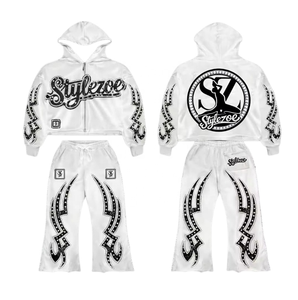 Custom Plus Size Mens Trending Flame Print Tracksuit Hooded Sweatshirt With Drawstring Pants Unisex Street Wear Spring OEM ODM - Product Image 1