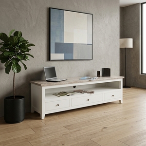 Meuble de salon en bois massif, buffet moderne style farmhouse, credenza bicolore avec base blanche et 3 tiroirs, meuble de rangement multimédia - Product Image 2