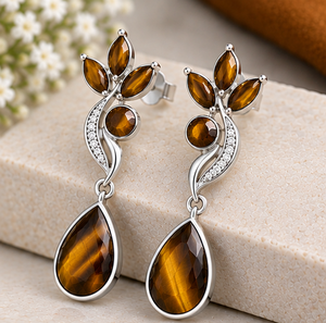 Boucles d'oreilles en argent sterling œil de tigre, boucles d'oreilles pendantes en pierre précieuse marron, bijoux élégants pour femmes - Product Image 2