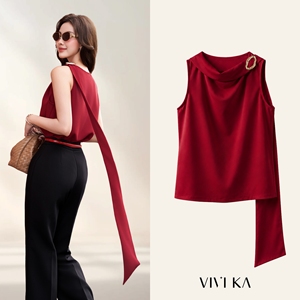 Women's <b>Red</b> Sleeveless <b>Scarf</b> Panel Blouse Metal Shoulder Detail Elegant Draped Top Polyester Spandex MIRVEN - Product Image 1